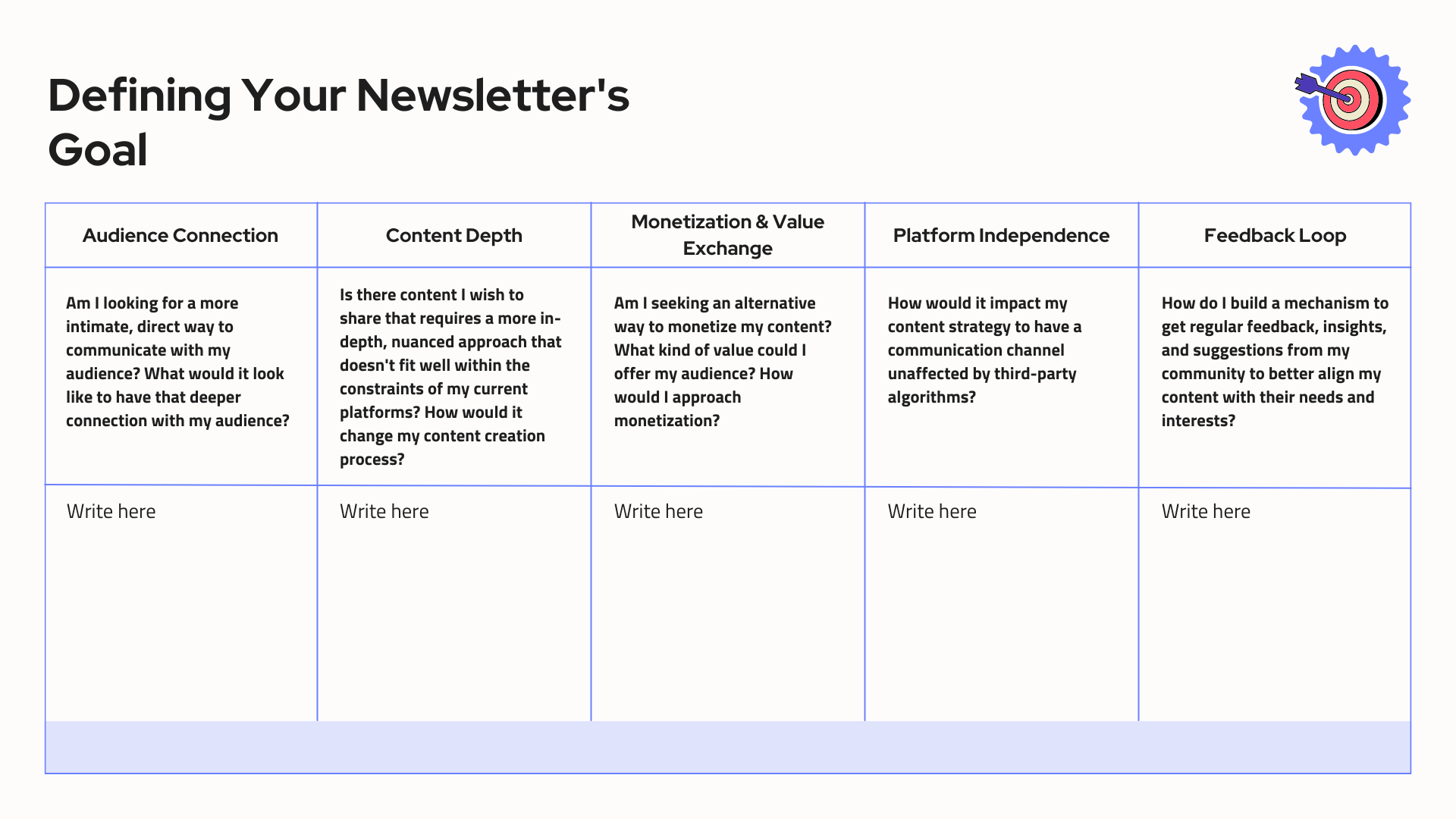 Newsletter goal definition framework template