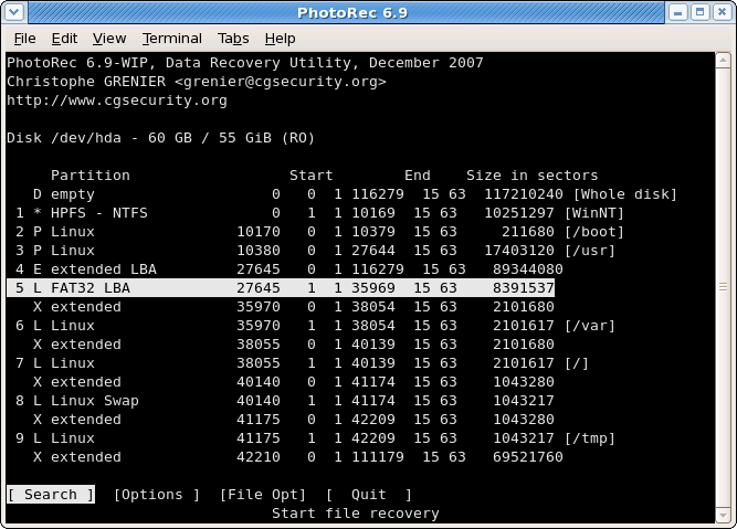 PhotoRec interface