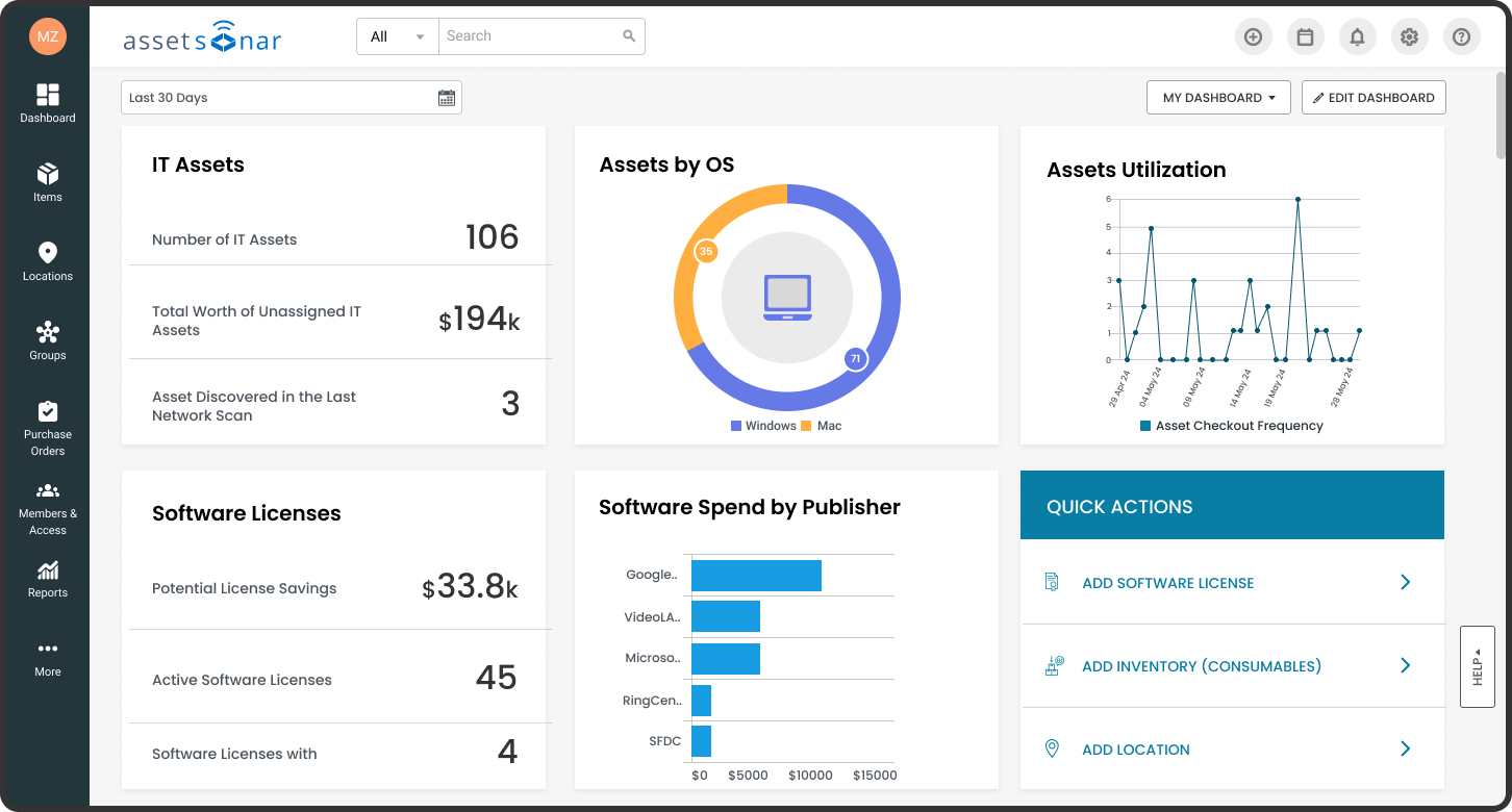 EZO AssetSonar displaying IT assets in multiple data formats