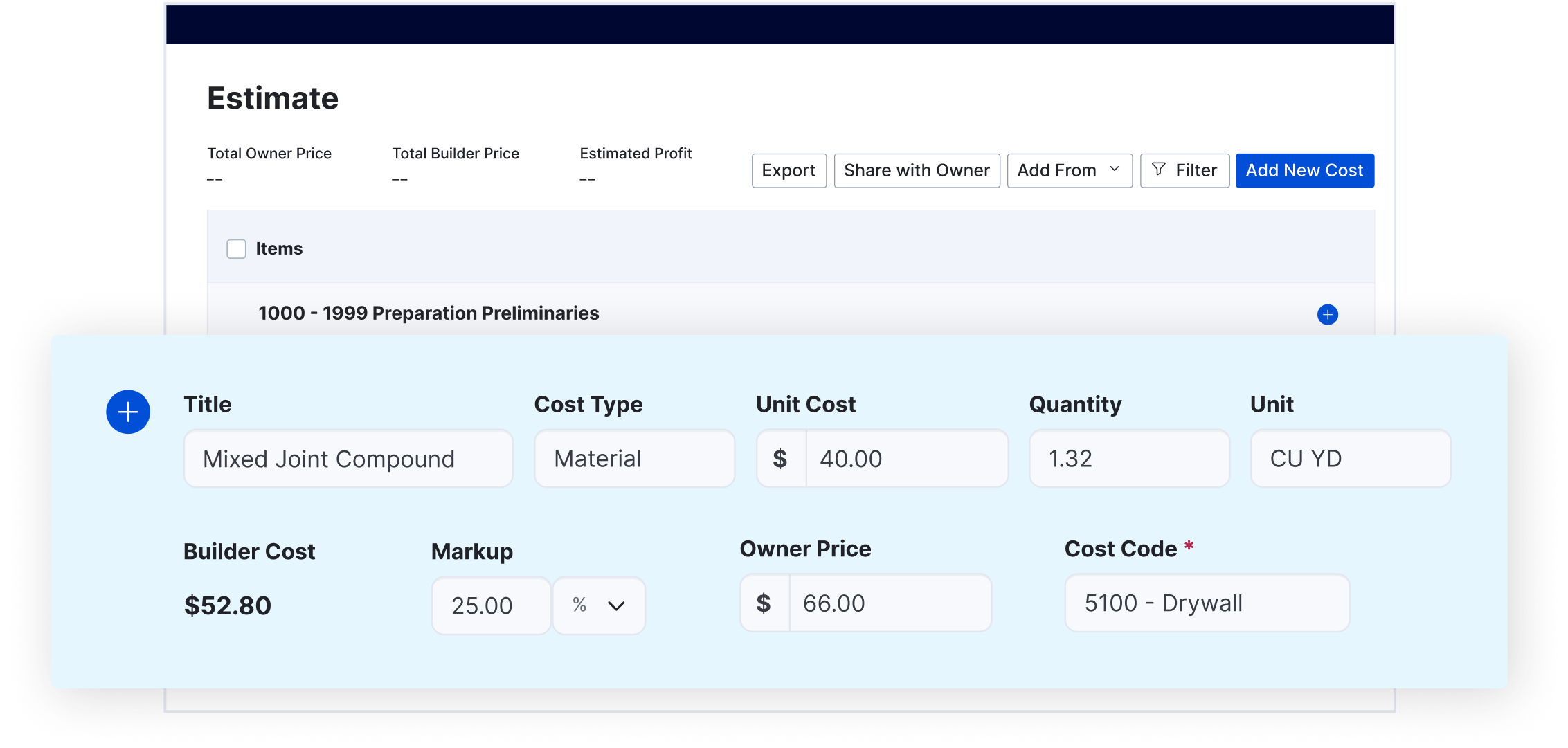 Buildertrend cost input form under the Estimate menu