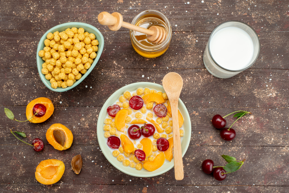 cereal with milk and fruit
