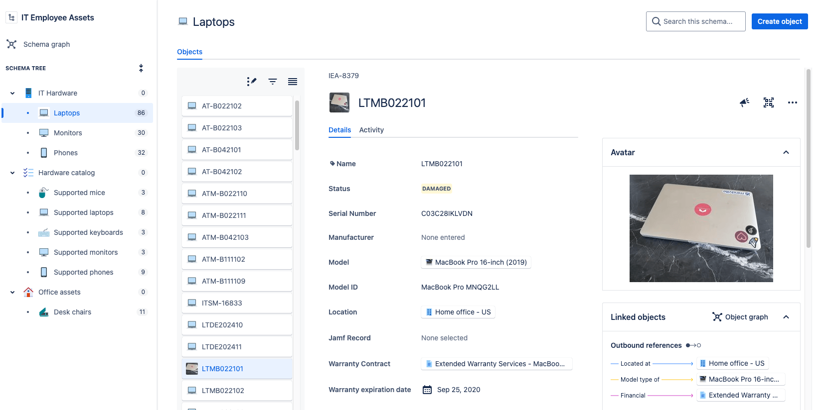 Jira Service Management displaying laptops inventory