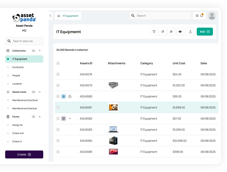 Asset Panda displaying IT equipment inventory